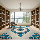 Cream Blue Ornate Medallion Area Rug