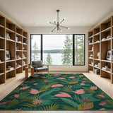 Lush Teal Green Palm Leaves Pink Blooms Area Rug