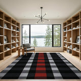 Modern Black Grey Red Plaid Check Area Rug