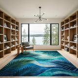 Blue Teal Palm Wave Coastal Area Rug