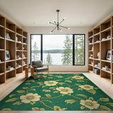 Emerald Green Floral Vintage Area Rug with Cream Blooms