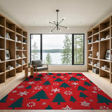 Festive Christmas Trees Snowflakes Red Area Rug