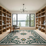 Green Floral Border Area Rug with Cream Field