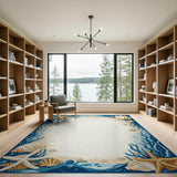 Coastal Starfish Seashell Blue Border Area Rug