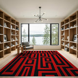 Bold Black Maze Geometric Red Area Rug