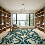 Teal Trellis Leaf Rose Area Rug