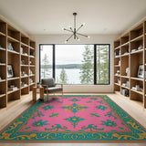 Ornate Pink Persian Area Rug with Teal Gold Florals