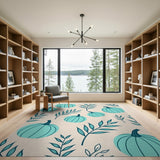 Teal Pumpkin and Leaf Pattern Area Rug