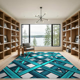 Teal Blue Crosshatch Geometric Area Rug