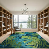 Washable Tropical Palm Leaf Area Rug - Blue & Green Low Pile