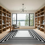 Modern Black & White Geometric Border Washable Area Rug, Low Pile & Non-Slip
