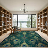 ODIKA Washable Peacock Feather Rug - Teal & Gold Art Deco Low Pile Non-Slip Area Rug