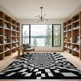 Black White Checkered Tunnel Illusion Area Rug