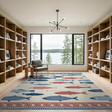 Coastal Fish School Area Rug in Blue Red