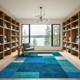 Teal Blue Geometric Block Modern Area Rug