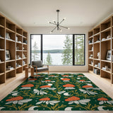 Whimsical Mushroom Moon Moth Green Area Rug