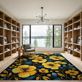 Vibrant Yellow Floral Teal Leaves Black Area Rug