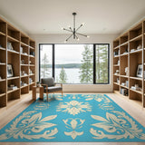 Teal Ornate Floral Damask Area Rug