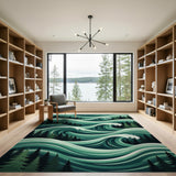 Teal Ocean Waves with Pine Forest Rug