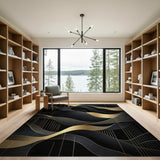 ODIKA Modern Abstract Black and Gold Machine Washable Area Rug - Low Pile Non-Slip Art Deco Rug