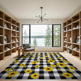 Yellow Sunflower Black White Gingham Area Rug
