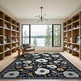 White Poppy Floral Area Rug on Black