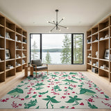 Lush Green Leaves Red Berry Floral Area Rug