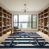 Blue and Teal Nautical Navy Anchor Striped Area Rug