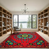 Vibrant Red Mandala Area Rug with Teal and Yellow Accents