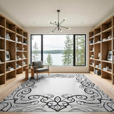 Ornate Floral Swirl Black White Area Rug