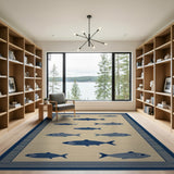 Navy Fish Silhouette Area Rug on Beige