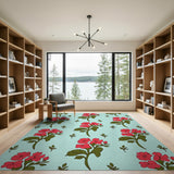 Vibrant Red Flowers on Teal Area Rug
