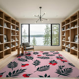 Pink Cherry Leaf Fruit Pattern Area Rug