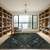 Golden Trumpets Blue Teal Geometric Area Rug