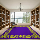 Purple Area Rug with Ornate Gold Floral Border