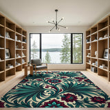 Vintage Teal Leaf Crimson Floral Area Rug