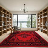 Ornate Red Persian Area Rug with Black Border