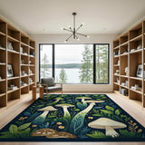 Floral Vintage Green Whimsical Mushroom Forest Area Rug