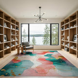 ODIKA Modern Abstract Watercolor Washable Area Rug - Teal & Coral Low Pile Non-Slip Rug