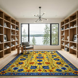 ODIKA Washable Yellow and Blue Floral Bohemian Area Rug - Low Pile & Non-Slip