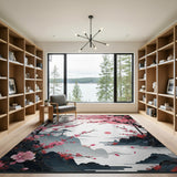 Washable Oriental Cherry Blossom Landscape Low Pile Area Rug