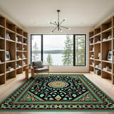 Blue and Teal Ornate Black Teal Persian Medallion Rug