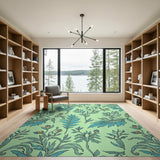 Teal Foliage Orange Bloom Green Area Rug