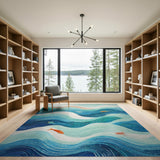 Ocean Waves Blue Teal Area Rug with Koi Fish