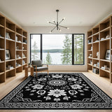 Black White Intricate Persian Floral Area Rug