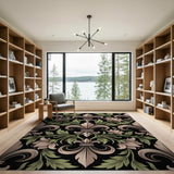 ODIKA Fleur-de-Lis Vintage Washable Area Rug, Black & Sage Damask Low Pile Non-Slip Floral Rug