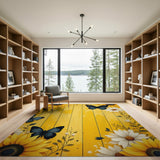 Sunflower Daisy Butterfly Yellow Barnwood Area Rug