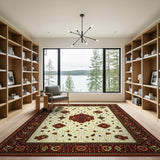 Traditional Persian Area Rug Ivory Field Red Border