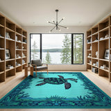 Sea Turtle Teal Coastal Area Rug