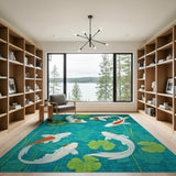Teal Koi Fish and Lotus Leaves Area Rug